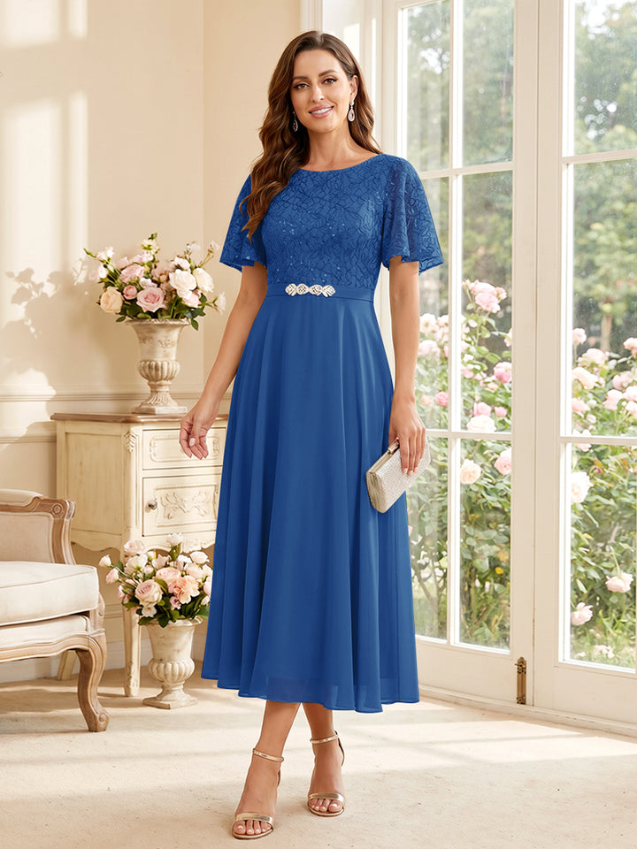 A-Line/Princess Scoop Short Sleeves Tea-Length Mother of the Bride Dresses with Lace &amp; Pleats
