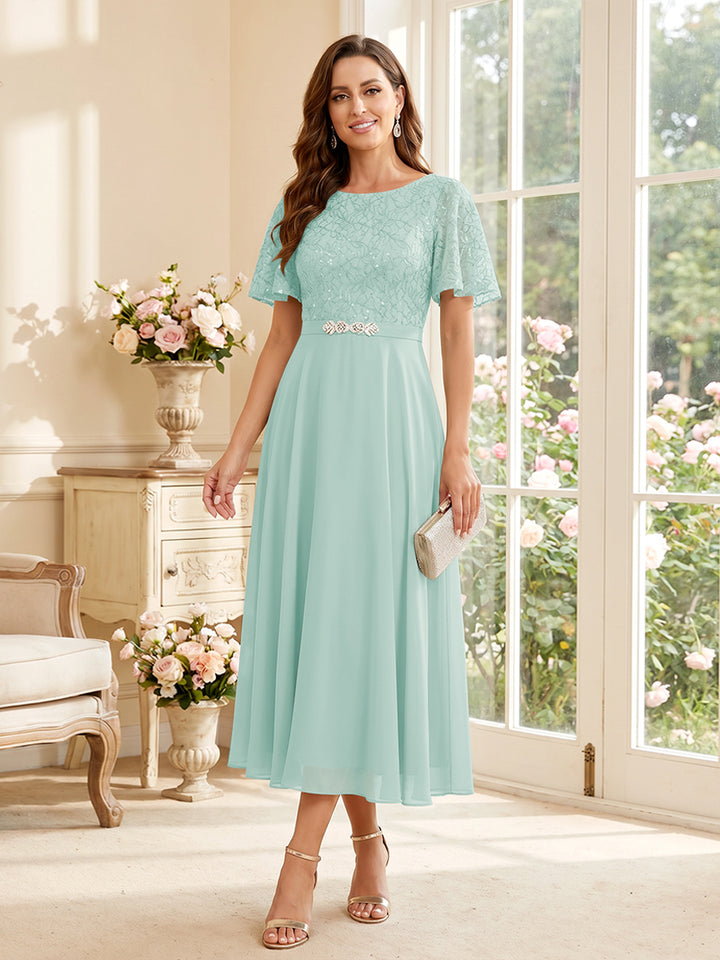 A-Line/Princess Scoop Short Sleeves Tea-Length Mother of the Bride Dresses with Lace &amp; Pleats