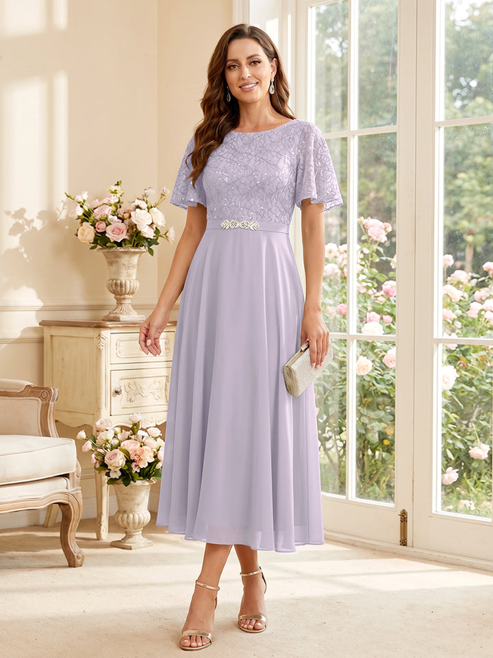 A-Line/Princess Scoop Short Sleeves Tea-Length Mother of the Bride Dresses with Lace &amp; Pleats