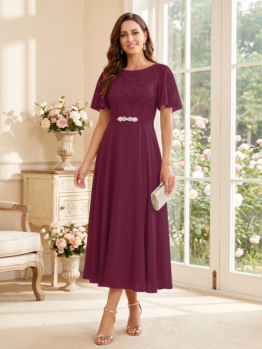 A-Line/Princess Scoop Short Sleeves Tea-Length Mother of the Bride Dresses with Lace &amp; Pleats