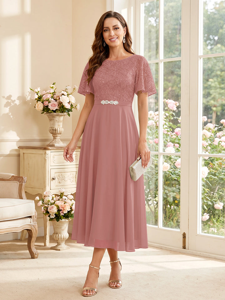 A-Line/Princess Scoop Short Sleeves Tea-Length Mother of the Bride Dresses with Lace &amp; Pleats