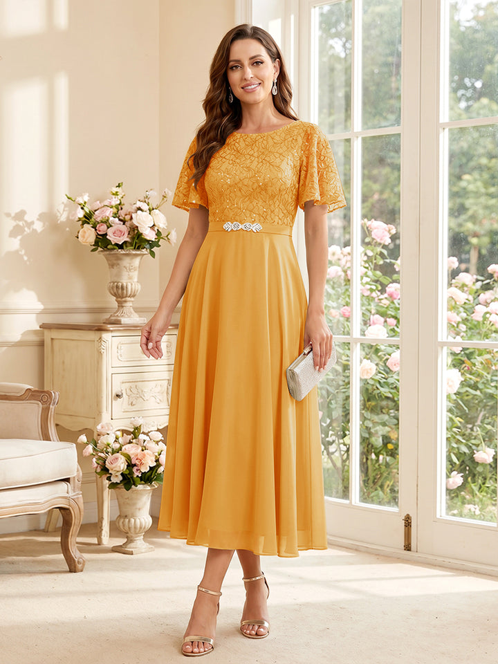 A-Line/Princess Scoop Short Sleeves Tea-Length Mother of the Bride Dresses with Lace &amp; Pleats