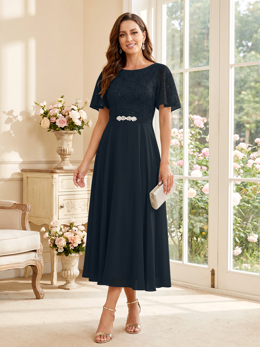 A-Line/Princess Scoop Short Sleeves Tea-Length Mother of the Bride Dresses with Lace &amp; Pleats