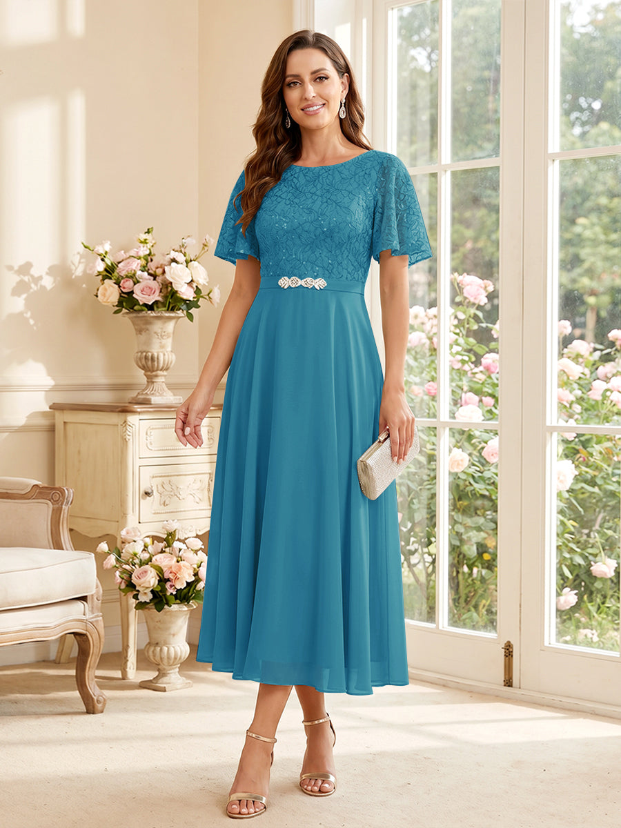 A-Line/Princess Scoop Short Sleeves Tea-Length Mother of the Bride Dresses with Lace &amp; Pleats