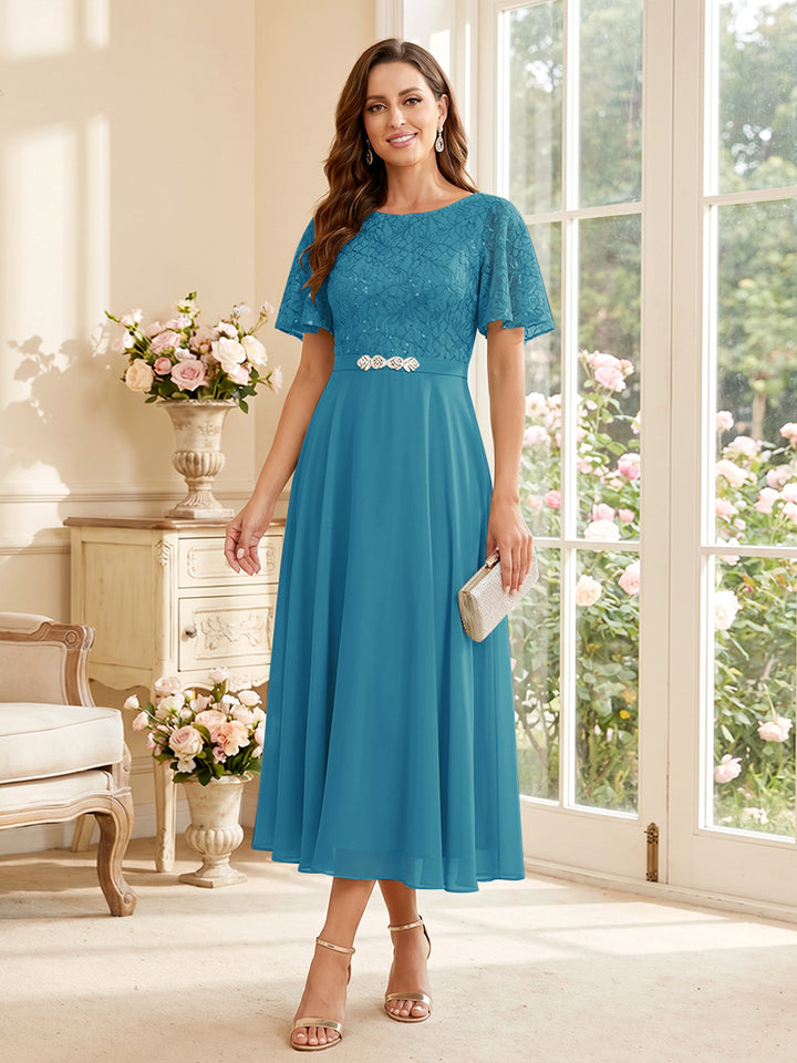 A-Line/Princess Scoop Short Sleeves Tea-Length Mother of the Bride Dresses with Lace &amp; Pleats