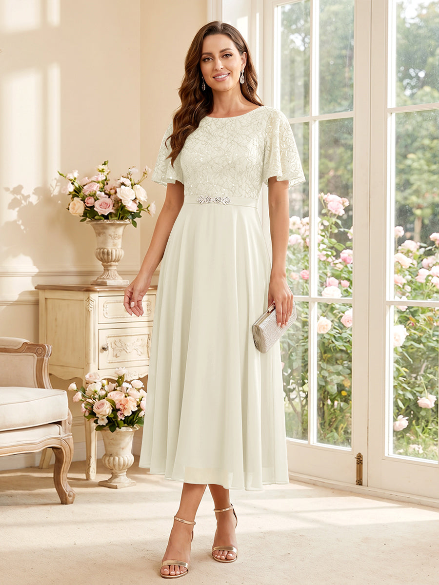A-Line/Princess Scoop Short Sleeves Tea-Length Mother of the Bride Dresses with Lace &amp; Pleats