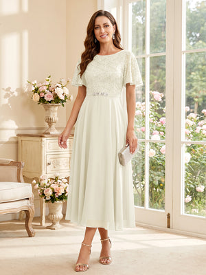 A-Line/Princess Scoop Short Sleeves Tea-Length Mother of the Bride Dresses with Lace & Pleats