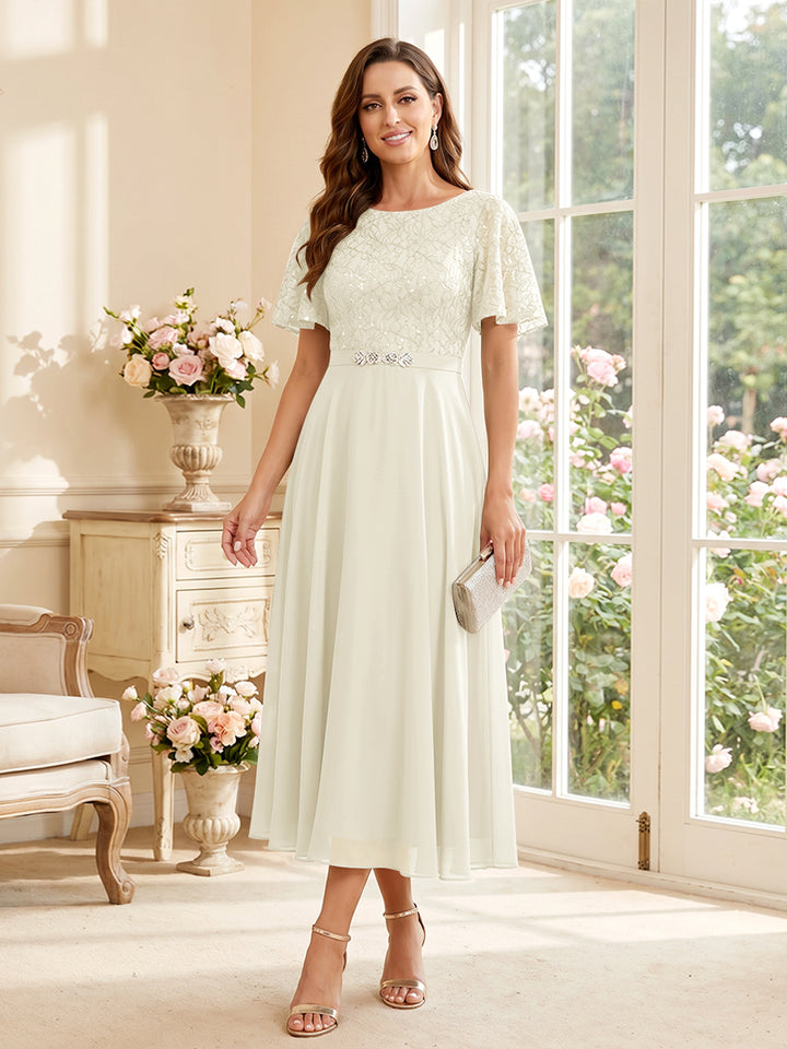 A-Line/Princess Scoop Short Sleeves Tea-Length Mother of the Bride Dresses with Lace &amp; Pleats