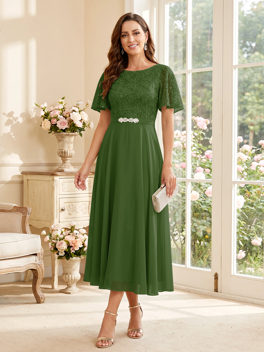 A-Line/Princess Scoop Short Sleeves Tea-Length Mother of the Bride Dresses with Lace &amp; Pleats
