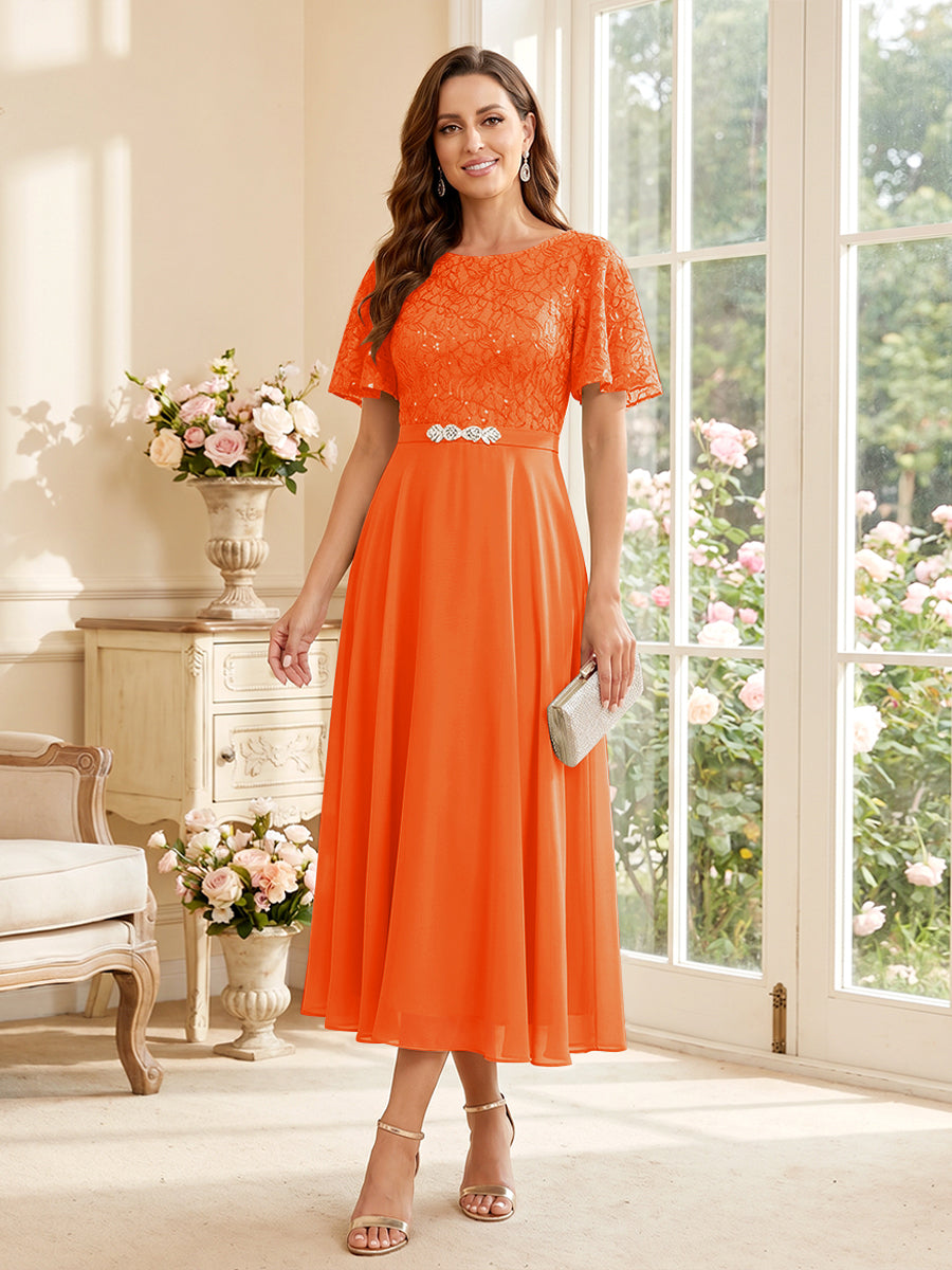 A-Line/Princess Scoop Short Sleeves Tea-Length Mother of the Bride Dresses with Lace &amp; Pleats