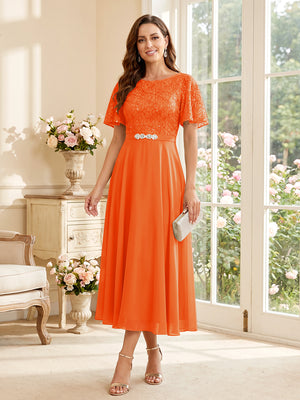 A-Line/Princess Scoop Short Sleeves Tea-Length Mother of the Bride Dresses with Lace & Pleats