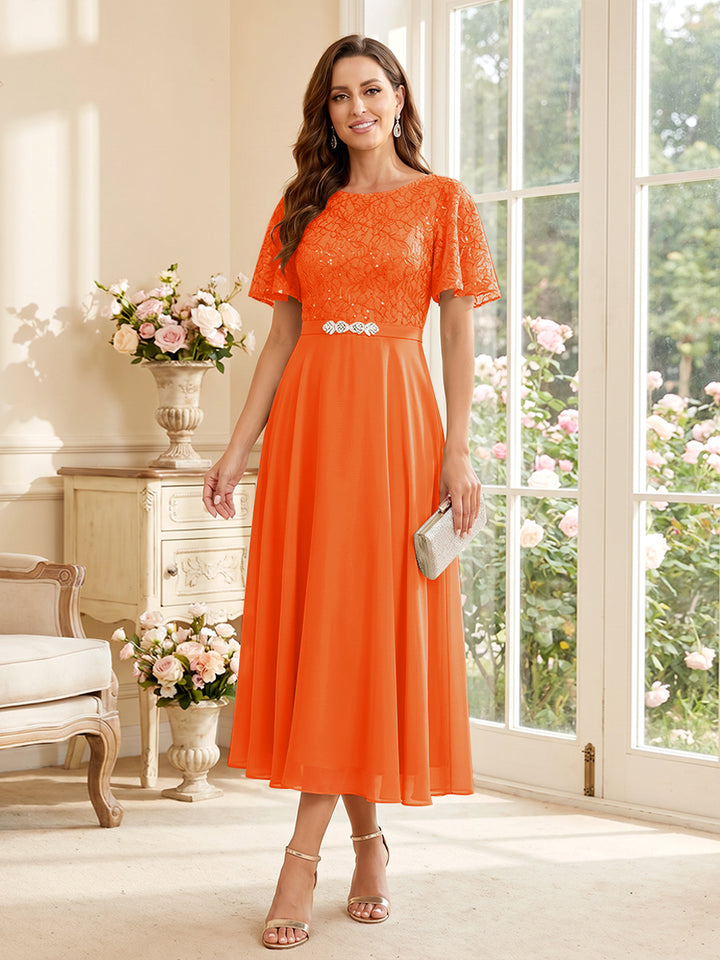 A-Line/Princess Scoop Short Sleeves Tea-Length Mother of the Bride Dresses with Lace &amp; Pleats
