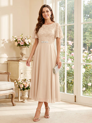 A-Line/Princess Scoop Short Sleeves Tea-Length Mother of the Bride Dresses with Lace & Pleats