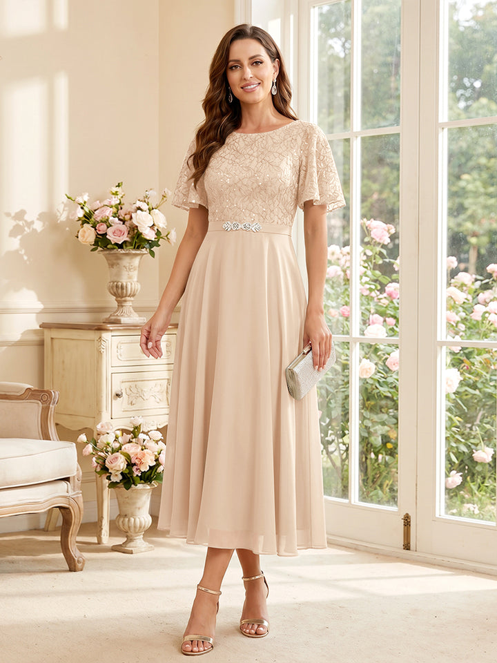 A-Line/Princess Scoop Short Sleeves Tea-Length Mother of the Bride Dresses with Lace &amp; Pleats