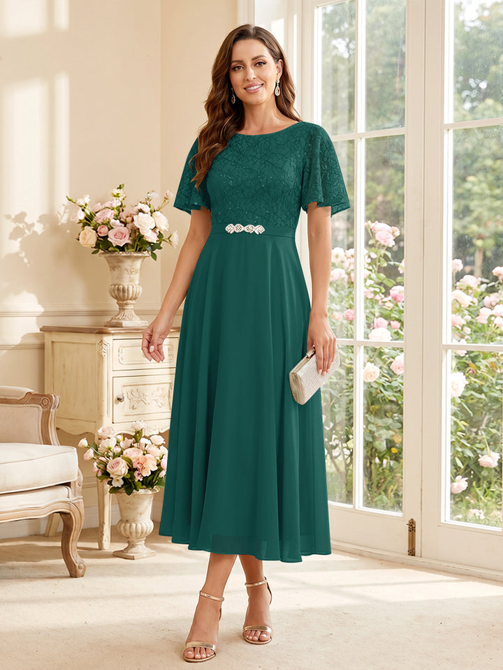 A-Line/Princess Scoop Short Sleeves Tea-Length Mother of the Bride Dresses with Lace &amp; Pleats