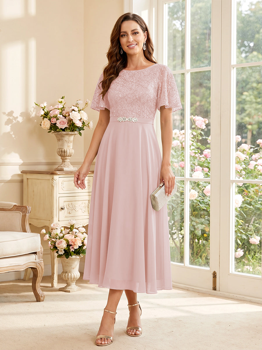 A-Line/Princess Scoop Short Sleeves Tea-Length Mother of the Bride Dresses with Lace &amp; Pleats