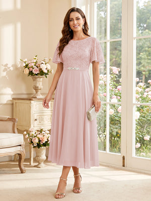 A-Line/Princess Scoop Short Sleeves Tea-Length Mother of the Bride Dresses with Lace & Pleats