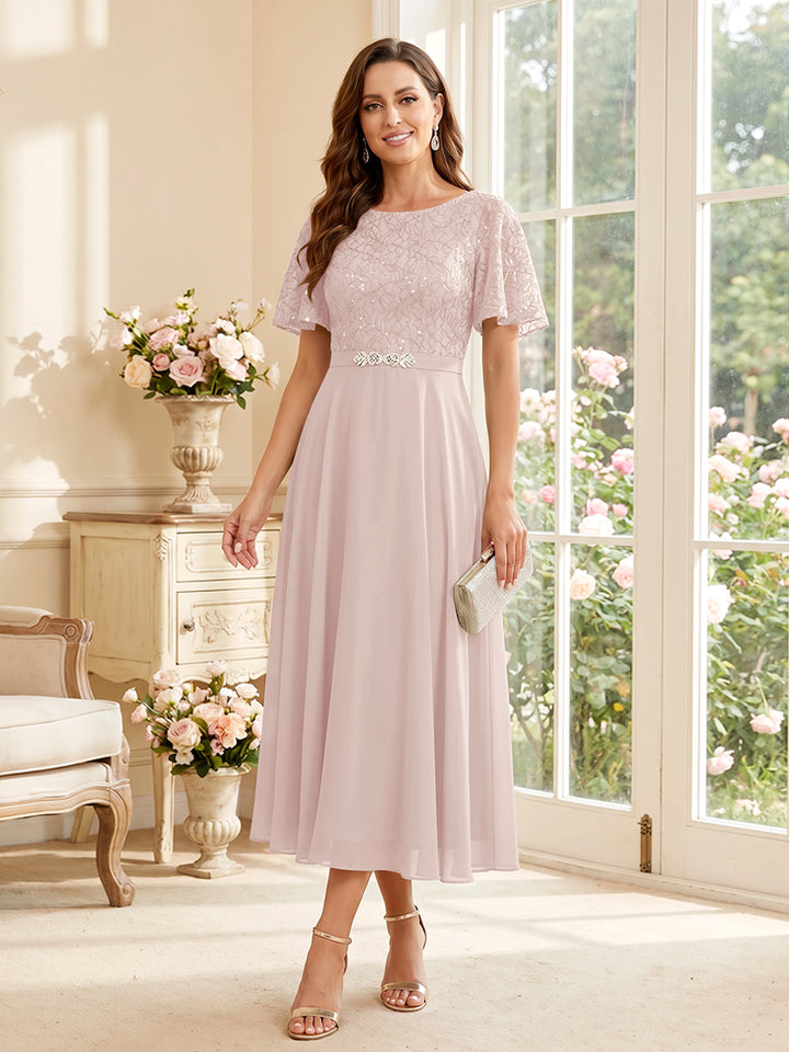 A-Line/Princess Scoop Short Sleeves Tea-Length Mother of the Bride Dresses with Lace &amp; Pleats