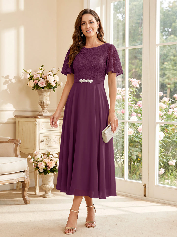 A-Line/Princess Scoop Short Sleeves Tea-Length Mother of the Bride Dresses with Lace &amp; Pleats