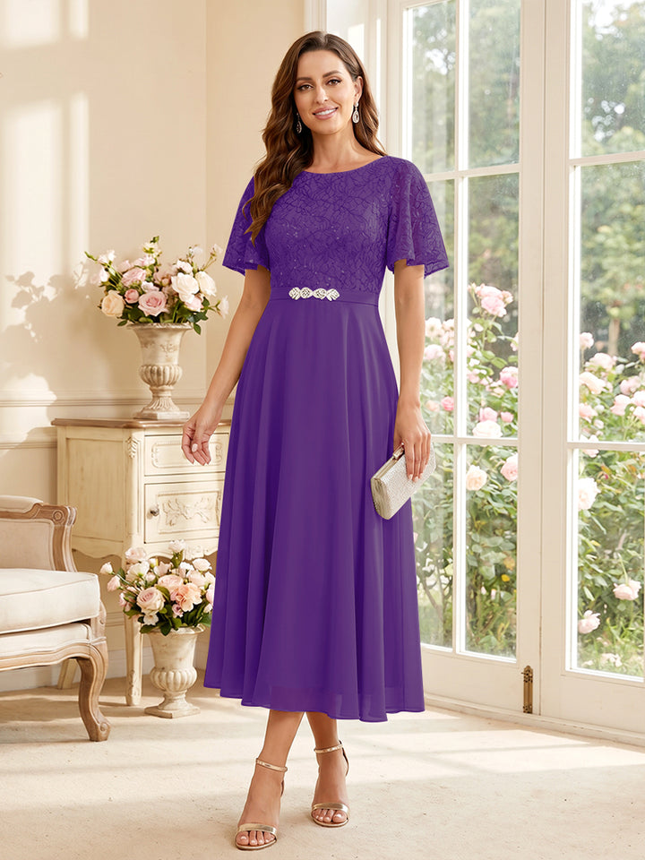 A-Line/Princess Scoop Short Sleeves Tea-Length Mother of the Bride Dresses with Lace &amp; Pleats