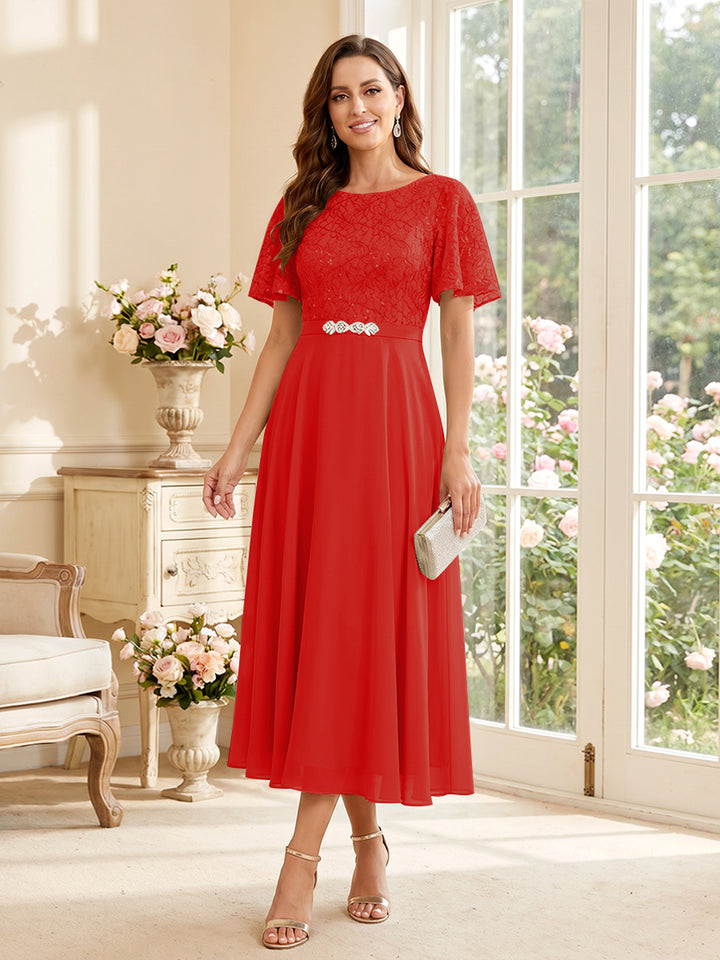 A-Line/Princess Scoop Short Sleeves Tea-Length Mother of the Bride Dresses with Lace &amp; Pleats
