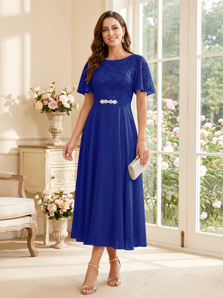 A-Line/Princess Scoop Short Sleeves Tea-Length Mother of the Bride Dresses with Lace &amp; Pleats