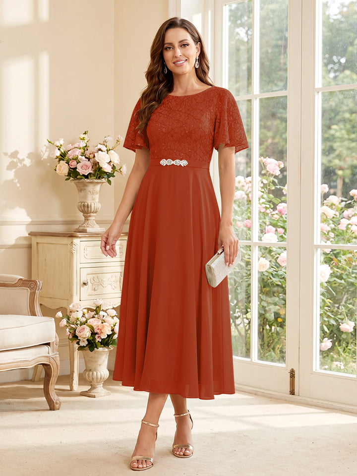 A-Line/Princess Scoop Short Sleeves Tea-Length Mother of the Bride Dresses with Lace &amp; Pleats