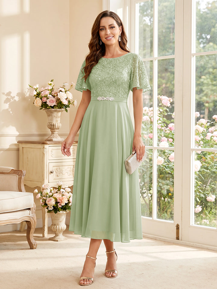 A-Line/Princess Scoop Short Sleeves Tea-Length Mother of the Bride Dresses with Lace &amp; Pleats