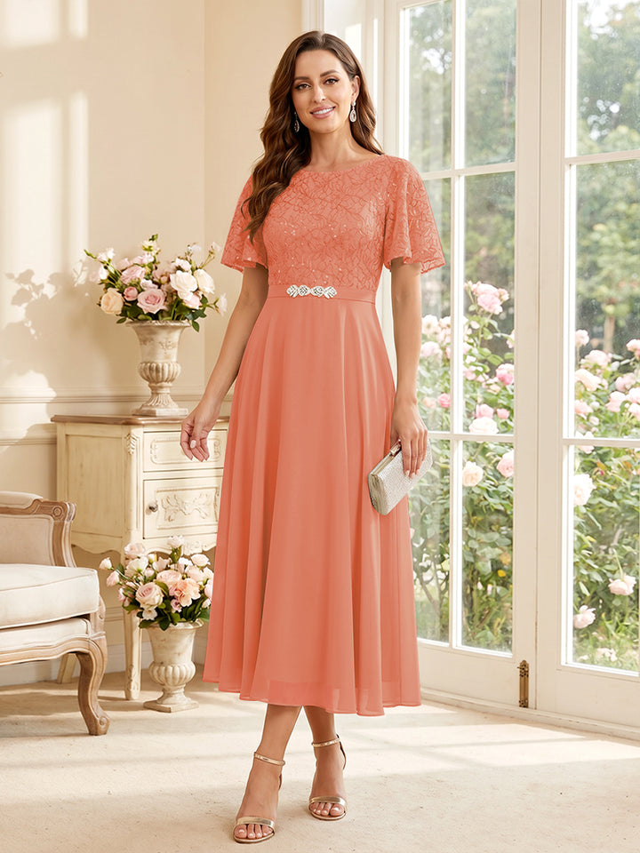 A-Line/Princess Scoop Short Sleeves Tea-Length Mother of the Bride Dresses with Lace &amp; Pleats