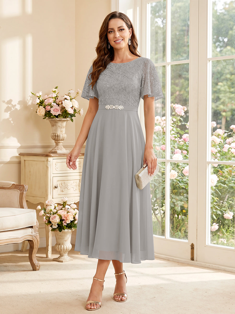 A-Line/Princess Scoop Short Sleeves Tea-Length Mother of the Bride Dresses with Lace &amp; Pleats