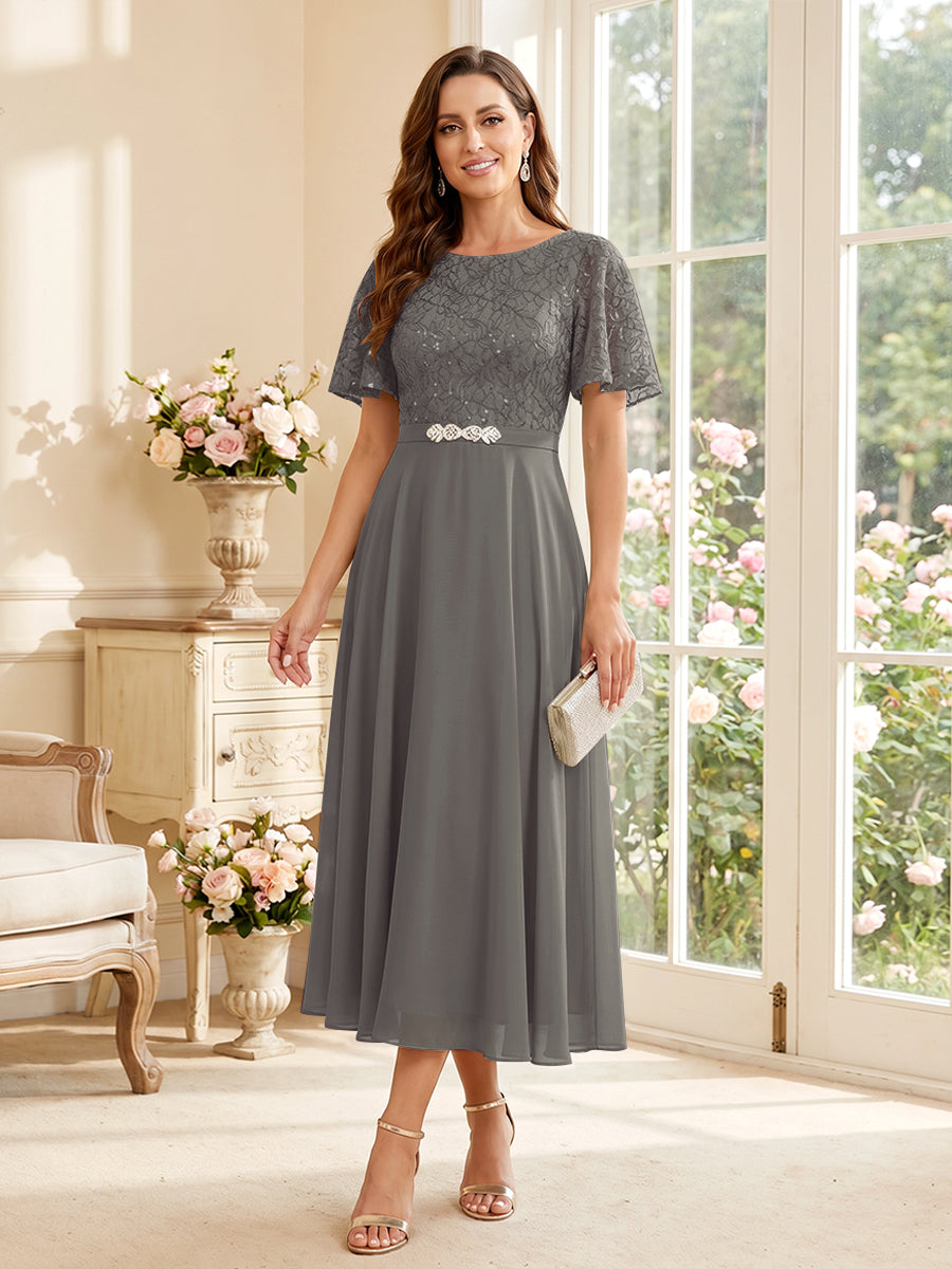 A-Line/Princess Scoop Short Sleeves Tea-Length Mother of the Bride Dresses with Lace &amp; Pleats