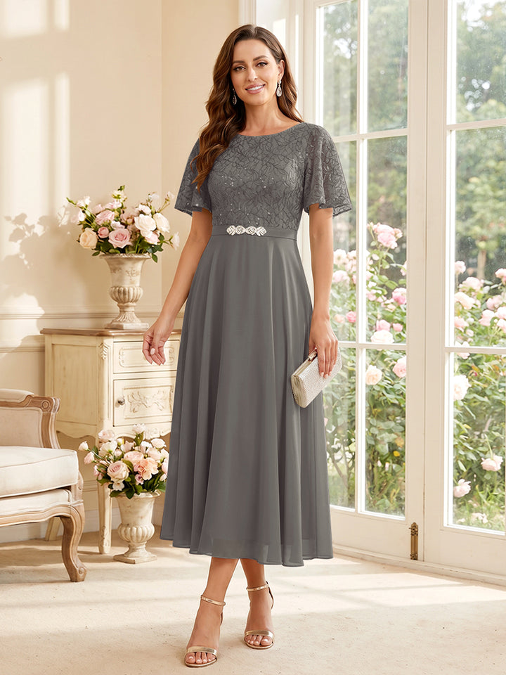 A-Line/Princess Scoop Short Sleeves Tea-Length Mother of the Bride Dresses with Lace &amp; Pleats