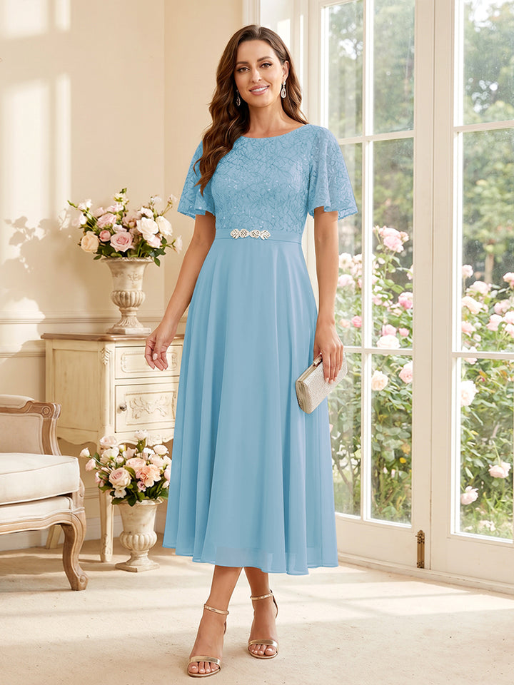 A-Line/Princess Scoop Short Sleeves Tea-Length Mother of the Bride Dresses with Lace &amp; Pleats