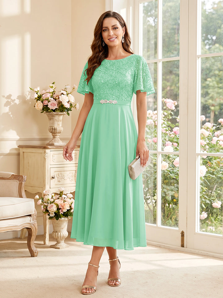 A-Line/Princess Scoop Short Sleeves Tea-Length Mother of the Bride Dresses with Lace &amp; Pleats