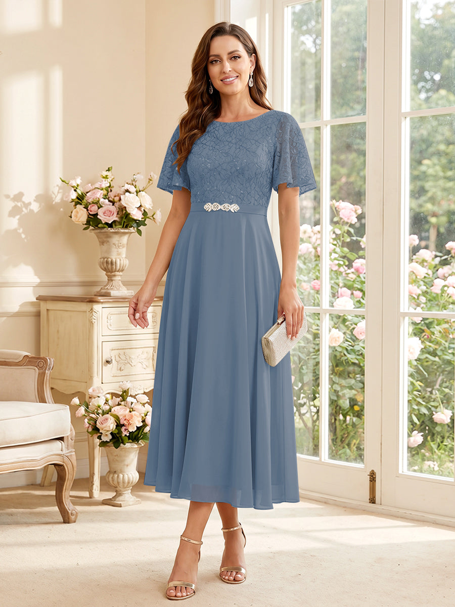 A-Line/Princess Scoop Short Sleeves Tea-Length Mother of the Bride Dresses with Lace &amp; Pleats