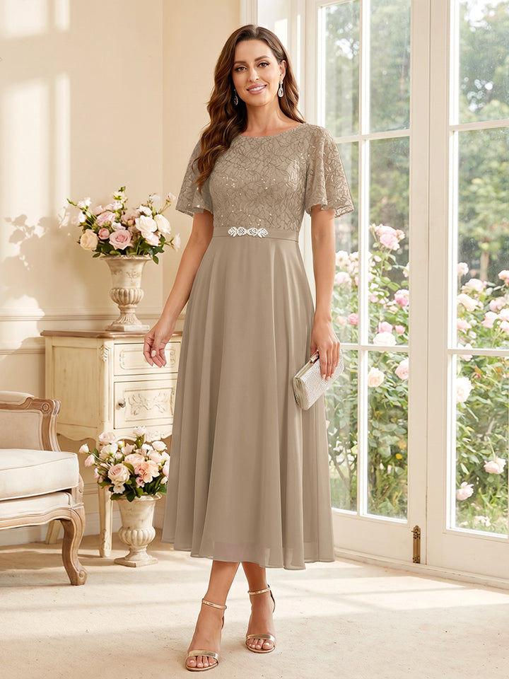 A-Line/Princess Scoop Short Sleeves Tea-Length Mother of the Bride Dresses with Lace &amp; Pleats