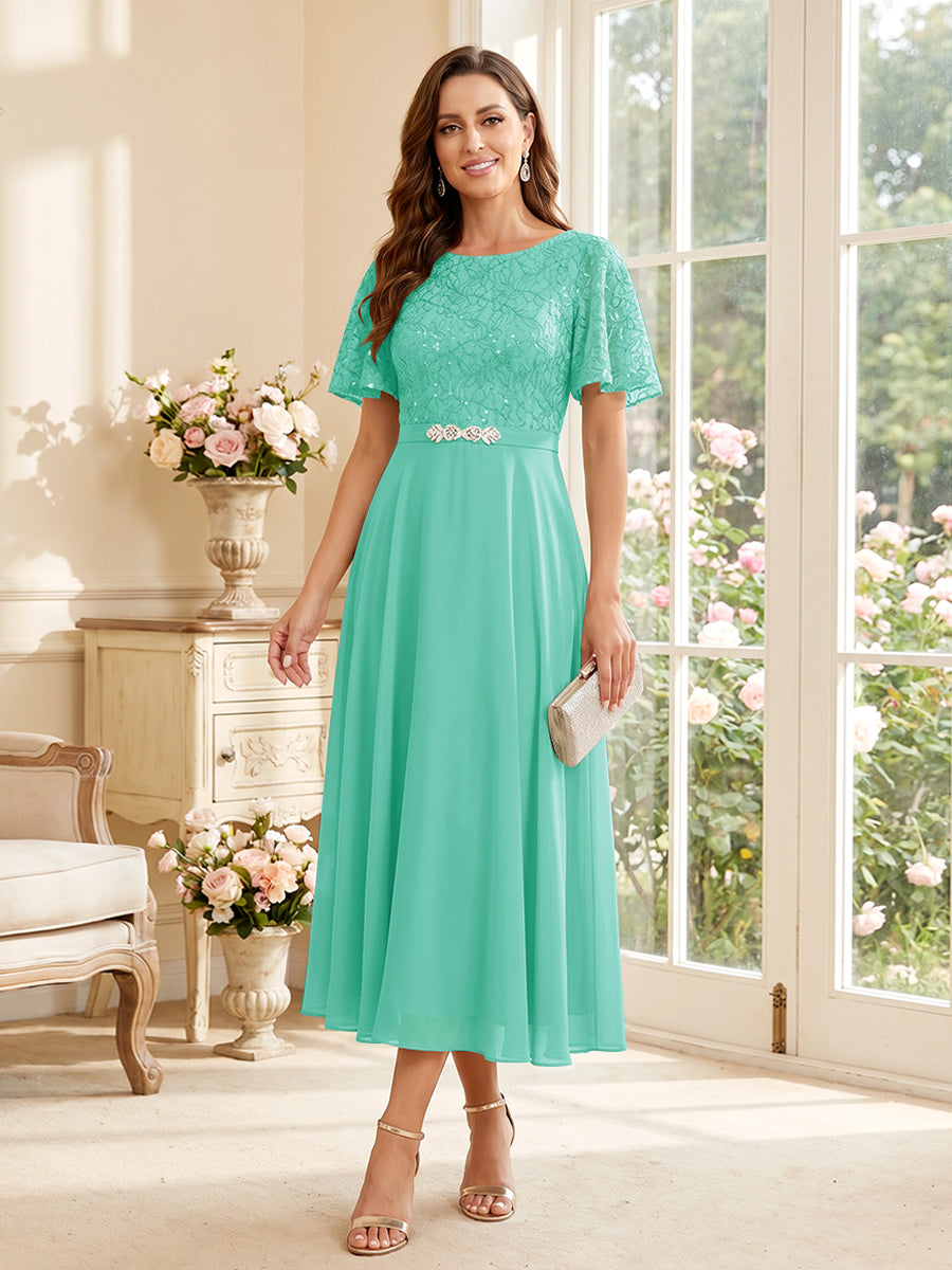 A-Line/Princess Scoop Short Sleeves Tea-Length Mother of the Bride Dresses with Lace &amp; Pleats