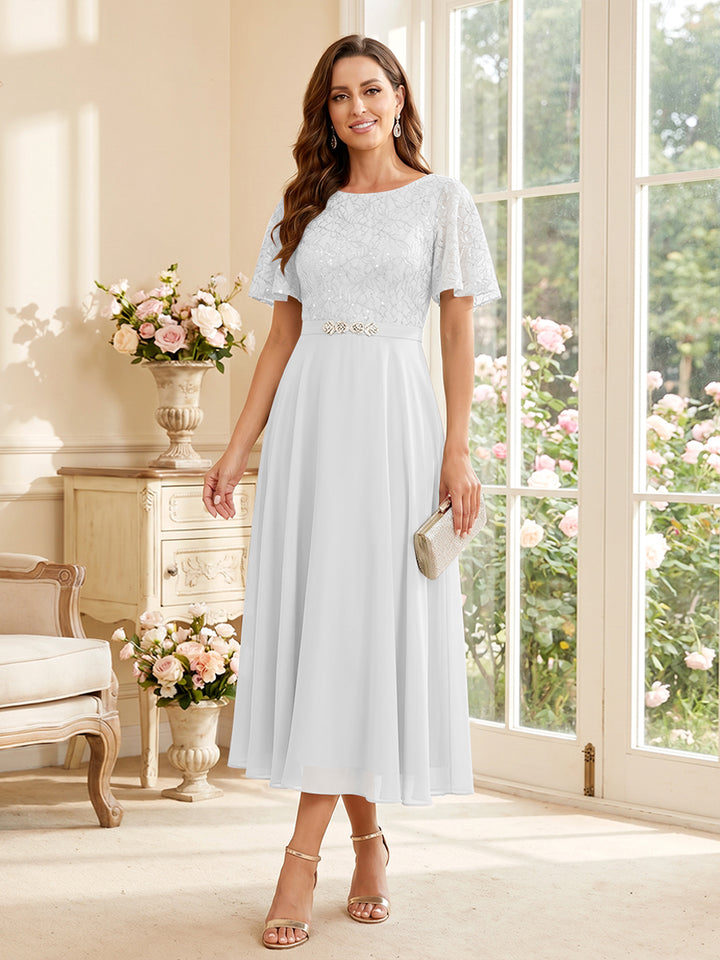 A-Line/Princess Scoop Short Sleeves Tea-Length Mother of the Bride Dresses with Lace &amp; Pleats