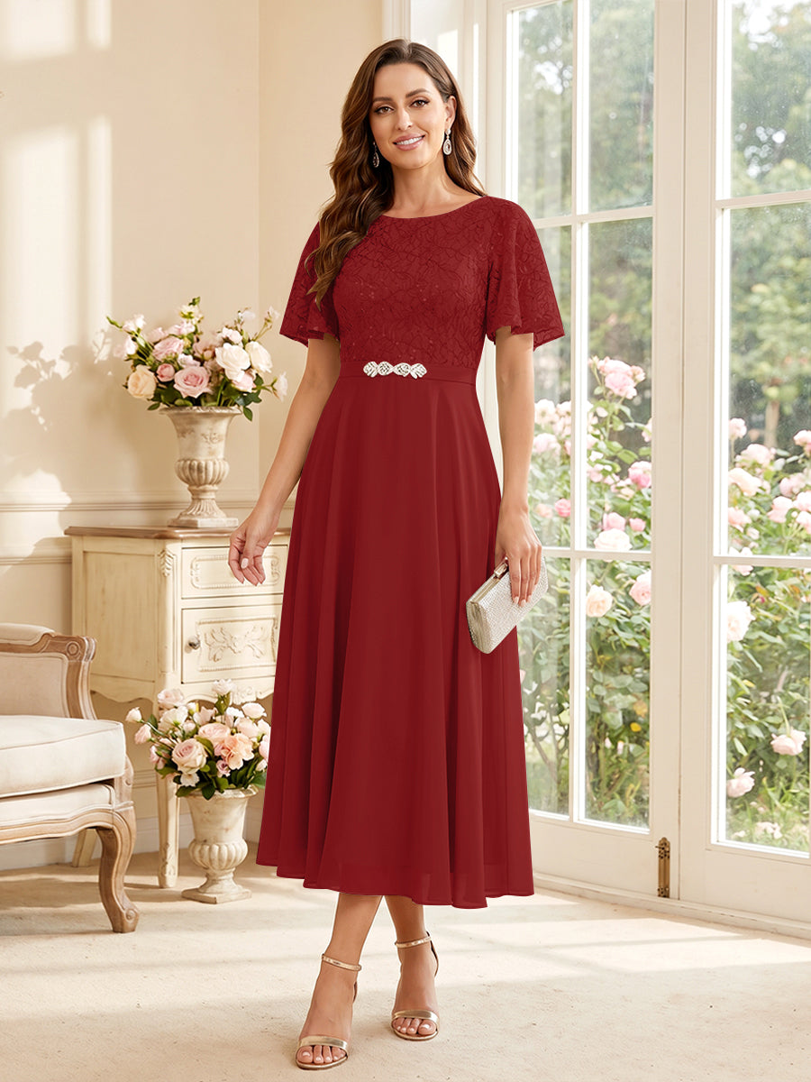 A-Line/Princess Scoop Short Sleeves Tea-Length Mother of the Bride Dresses with Lace &amp; Pleats