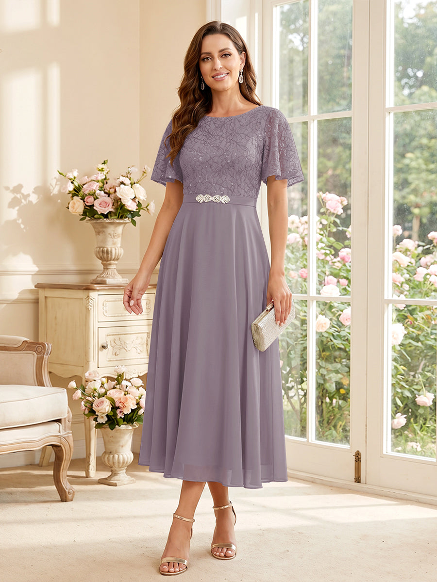 A-Line/Princess Scoop Short Sleeves Tea-Length Mother of the Bride Dresses with Lace &amp; Pleats