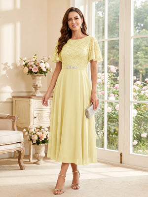 A-Line/Princess Scoop Short Sleeves Tea-Length Mother of the Bride Dresses with Lace & Pleats