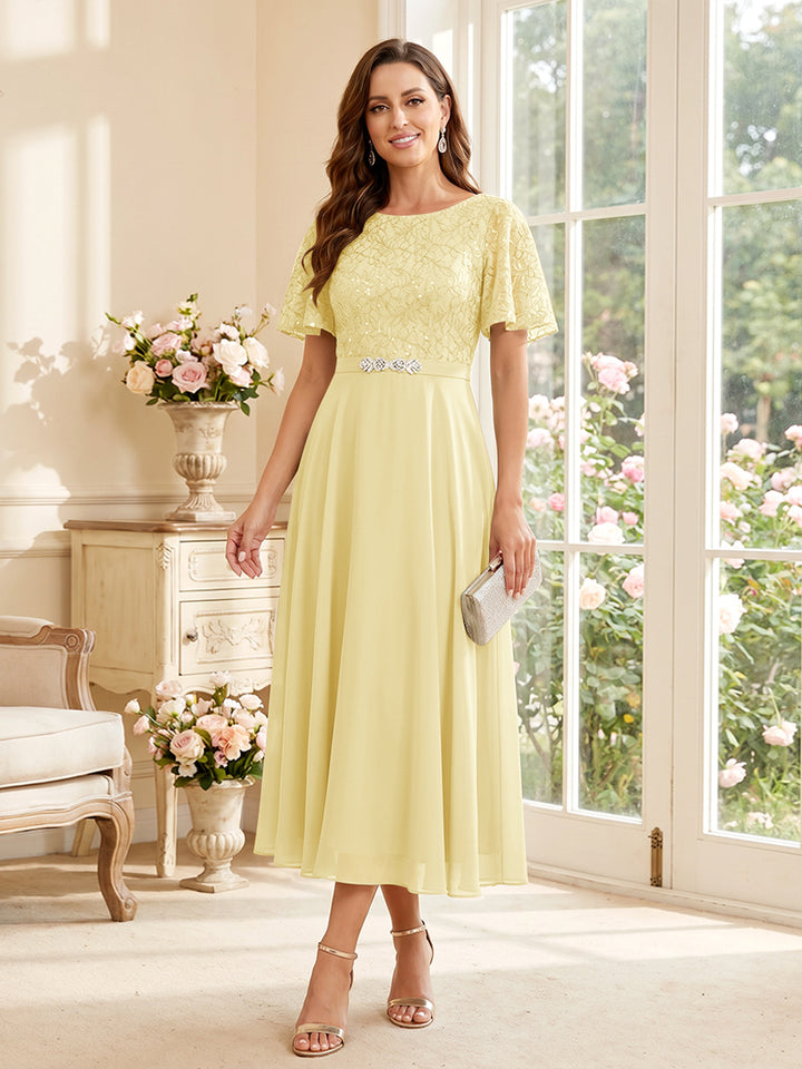 A-Line/Princess Scoop Short Sleeves Tea-Length Mother of the Bride Dresses with Lace &amp; Pleats