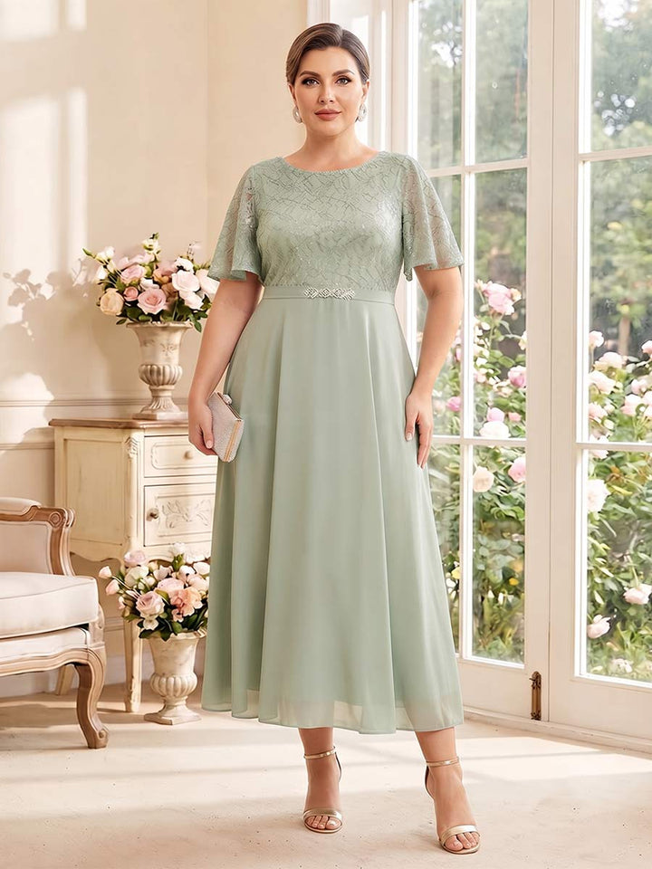 A-Line/Princess Scoop Short Sleeves Tea-Length Plus Size Mother of the Bride Dresses with Lace &amp; Pleats