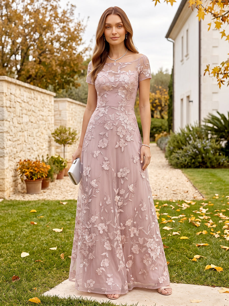 A-Line/Princess Short Sleeves Scoop Floor-Length Mother of the Bride Dresses with Lace &amp; Applique