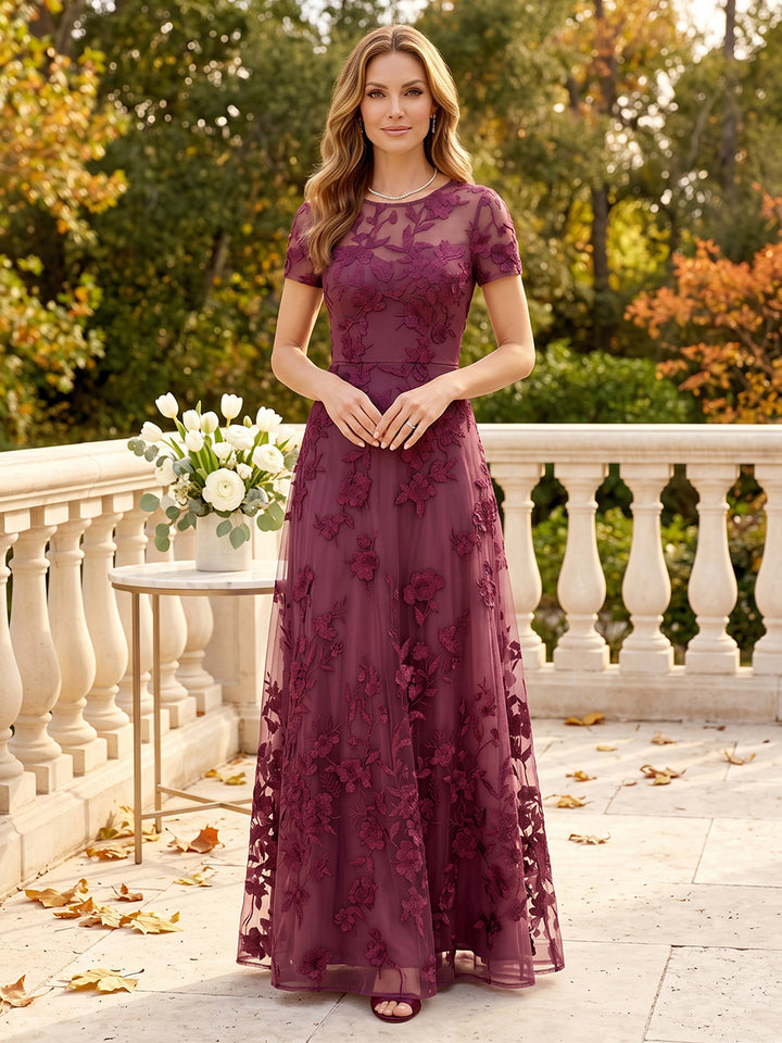 A-Line/Princess Scoop Short Sleeves Floor-Length Mother of the Bride Dresses with Lace &amp; Applique