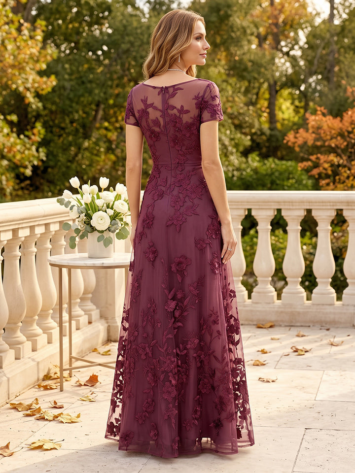 A-Line/Princess Scoop Short Sleeves Floor-Length Mother of the Bride Dresses with Lace &amp; Applique