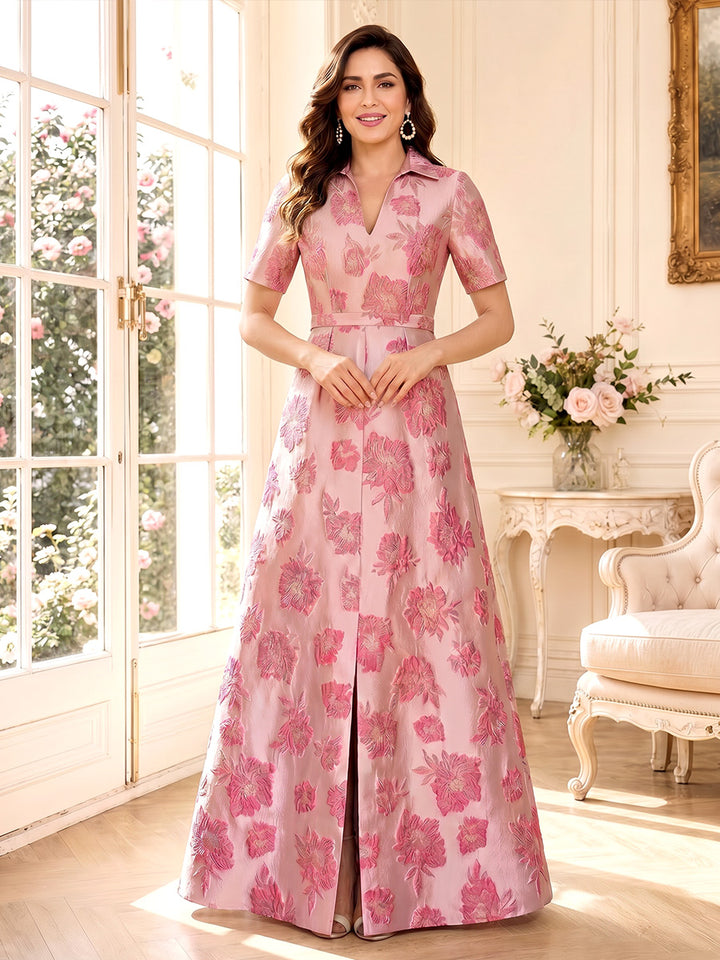 A-Line/Princess Shirt Collar Short Sleeves Floor-Length Mother of the Bride Dresses with Ruched