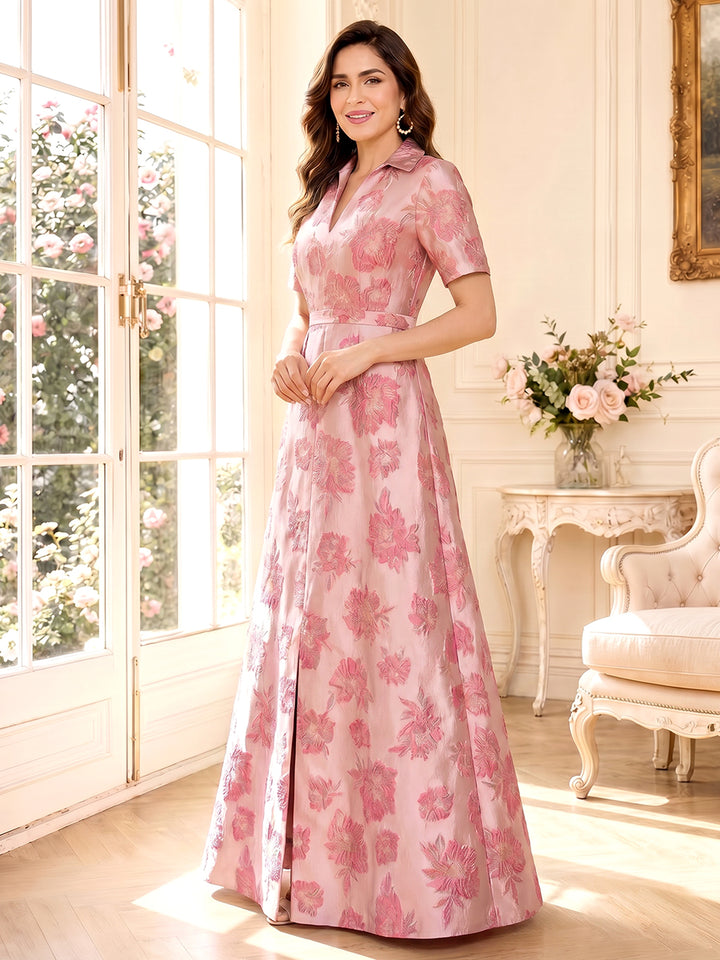 A-Line/Princess Shirt Collar Short Sleeves Floor-Length Mother of the Bride Dresses with Ruched