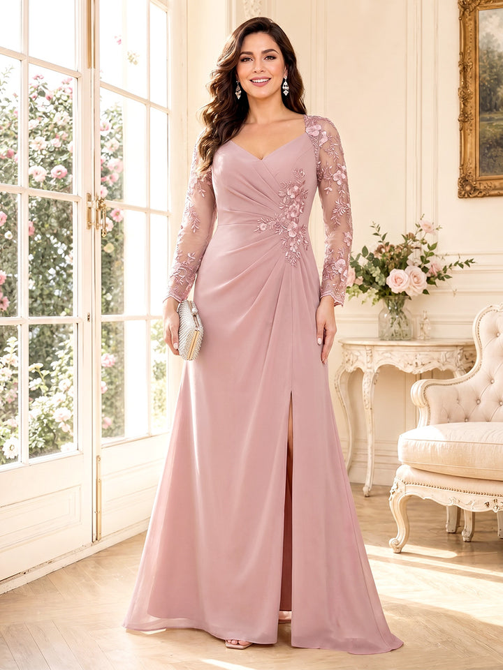 A-Line/Princess V-Neck Long Sleeves Floor-Length Mother of the Bride Dresses with Split Side &amp; Applique