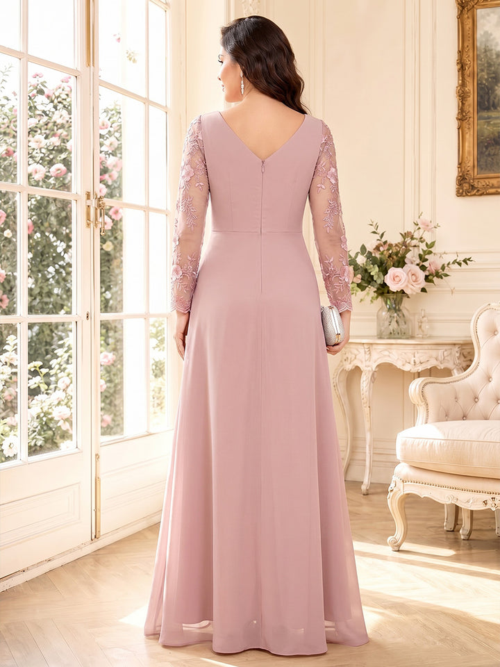 A-Line/Princess V-Neck Long Sleeves Floor-Length Mother of the Bride Dresses with Split Side &amp; Applique
